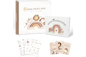 HYGGARTN Baby Geschenkset zur Geburt – Mein erstes Jahr Erinnerungsbuch mit Stickern & 50 Meilensteinkarten – Neutrales Babyalbum Set für Junge & Mädchen – Geschenk zur Geburt & Babyparty