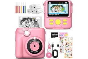MILFECH Kinderkamera Sofortbildkamera, 1080P 2,4 Zoll Bildschirm DigitalKamera Kinder mit 5 Rollen Druckpapier,32GB Karte, Fotokamera mit 6 Farbigen Stiften,2 Aufkleber Geschenk für Kinder (Rosa)
