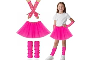 COSYSPARKS Déguisement Année 80 Enfant, 80s Robe Fantaisie Pour Enfants Avec des Chauffeurs de Jambes Jupe Gants de Filet de Poisson Néon Robe Fantaisie Accessoires de Costume Fête À Thème Set