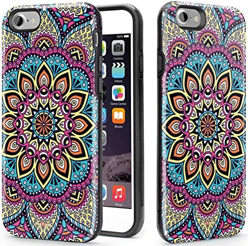 iPhone 6 7 8 Case Female Shockproof Printed Cover with Ring Kickstand Cute Durable Slim Dual Layer VeaYook Hybrid Rubber Anti-Scratch Impact Resistant Protective (Black Glitter Dream Catcher Pattern) (Glittery Mandala)