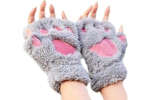 MAKFORT 1 Pair Ladies Girls Womens Cat Paw Gloves Winter Gloves Fingerless Paw Mittens Warm Plush Half-Finger Winter Gloves