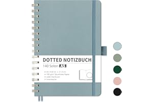 ‎RETTACY RETTACY Notizbuch A5 Dotted, Bullet Dot Journal mit 100 g/m² Dickem Papier, 70 Blatt, Notebook für Büro und Schule, Lederhülle, Grau-Blau, 14.8 cm x 21 cm
