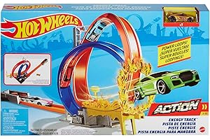 Hot Wheels Action Coffret Piste Énergie avec Double looping et Cercle de feu pour Courses et Cascades, Petite Voiture Incluse, Jouet pour Enfant, GND92
