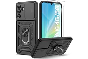 Guisessy Funda para Samsung Galaxy A16 5G/4G Armor Carcasa Cubierta de cámara Deslizante Proteger con 2 Pack Cristal Templado Protector, con 360 Anillo Soporte PC y Silicona TPU Case, Negro