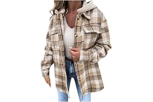 HHMY Jacke Kariert Damen - Fleece Hemdjacke Female Jacke Karo Lange Ärmel Herbst Winter Übergangsjacke Mit Taschen Knopfleiste Revers Mantel Plüsch Blusenshirt Oversize