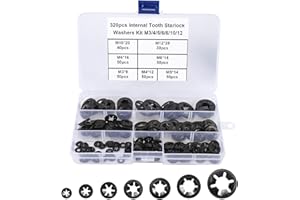 FandWay 7 Sizes 320PCS Internal Tooth Starlock Washers, Quick Speed Locking Washers, Push On Speed Clips Fasteners Assortment Kit,65Mn Black Oxide Finish