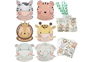 Aitsite Zestaw naczyń imprezowych ze zwierzętami z kreskówki, 92 sztuki, talerze imprezowe dla 18 gości, zwierzęta z kreskówki, urodziny, naczynia, jednorazowe talerze, papierowe kubki, serwetki,