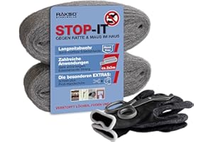 RAKSO STOP-IT Edelstahlwolle – 2 x 3 m rostfreie Stahlwolle zum Abdichten, Schleifen & Isolieren – langlebiges Dichtmaterial für Haus & Garten – inkl. Schere & Handschuhe – 100% chemiefrei