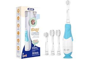 SEAGO Spazzolino Elettrico Bambini SG-513 0-6 Anni, Da Viaggio Con 4 Testine, Base a Ventosa, Luce Di Osservazione a Led, Immagine Penguin, Blu