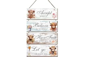 LESEOGYE Highland Cow Decor Wall Art 4PCS Wooden Inspirational Sign for Bedroom Bathroom, Inspirational Quotes Wall Art Highland Cow Gifts for Women