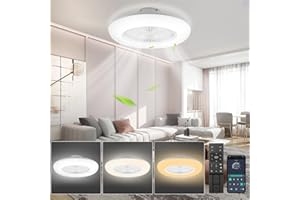Izrielar Ventilatore da soffitto da 80 W con illuminazione, 6 velocità del vento regolabile, dimmerabile, luce LED da 55 cm, con telecomando e app, modalità estate e inverno, timer, 3000 – 6500 K