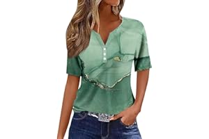 SCBFDI Oberteile für Frauen Trendy Kurze Ärmel V-Ausschnitt Lässig Unterhemd Urlaub Knopf Unten Henley Colorblock Leicht Sweatshirts, Damen Oberteile
