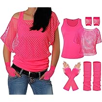 ELFIN Jaren 80 en 90-outfit voor dames, netshirt, tanktop, beenwarmers, nethandschoenen, jaren 80, mesh-bovenstuk, neon-shirt, jaren 80-kostuum, aerobic, kleding, themafeest, accessoires, party