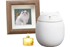 UMBERDOM Ceramic Cat Urns for Ashes with Photo Frame & Candle, Handicrafted Keepsake Memorial Gift For Pets, Cat,Small Dog Rabbit Bird(White, L)