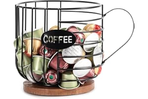 Hniuyun Coffee Pod Organizer, Counter Coffee Capsule Holder, Coffee Bar Accessories, Large Capacity Black Wire Kup Storage Basket with Wooden Base for Kitchen and Office
