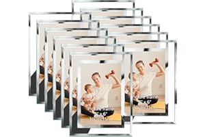 Hoikwo Juego de 12 Marcos de Fotos 10x15, Marcos Fotos Cristal con el Borde Plateado, Marcos para Cuadros Multiples para Exhibir en la Mesa