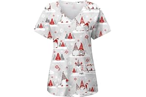 OUMSHBI Weihnachts Kasack Damen Pflege Motiv Kurzarm V-Ausschnitt Schneeflocken Druck Medizin Pflegebekleidung mit Taschen Lässig Locker Weihnachtsoutfit Schlupfhemd Tops Laborkittel Altenpflege Damen