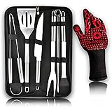 fakiku Kit Barbecue + 2 GUANTI Ignifughi Per Alte Temperature - Set Utensili Da Cucina Acciaio Per Grigliare o Arrostire Al C
