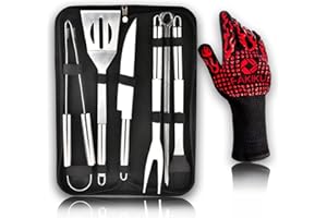 fakiku Kit Barbecue + 2 GUANTI Ignifughi Per Alte Temperature - Set Utensili Da Cucina Acciaio Per Grigliare o Arrostire Al Camino Carbonella Legna - Accessori Barbecue + Borsa per Feste e Campeggio