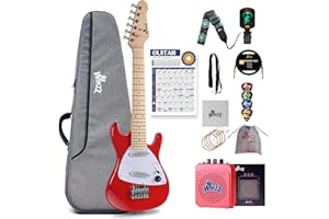 Winzz 30 Inch Kids Electric Guitar Beginner Kit, Junior 1/4 Size Mini Electric Guitar for Children Complete Stater Set with Amp, Gloosy Red Colour