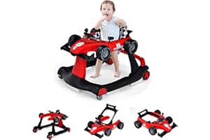 GOPLUS Déambulateur 4 en 1 pour bébé pliable avec hauteur réglable sur 3 niveaux, roues de vitesse réglable et coussin amovible, pour bébé de 6 à 18 mois avec lumières, musique et volant (rouge)