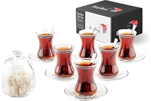 GOSOYO Set da tè tradizionale turco da 19 pezzi Include; 6 bicchieri tazze da tè (4,5 once), 6 piattini, 6 cucchiai in acciaio inossidabile e una zuccheriera con coperchio in vetro (8,6 once).