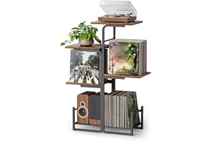 Bikoney Meuble Tourne-Disque Style Vintage avec Grand Rangement Vinyles, Support Platine Vinyle Inspiré Jardinière, Étagère LP et Présentoir Albums pour Salon, Chambre et Petits Espaces