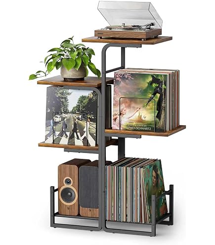 RELAX4LIFE Supporto Per Giradischi Con 4 Scomparti E Stazione Di Ricarica – Carico Max 90kg, Porta Vinili E Libri, Con USB E Type-C, Ideale Per Studio E Camera Da Letto, Marrone