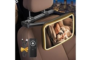 CARASTEK Espejo de coche para bebé - 360° espejo de seguridad para asiento de coche, espejo de bebé, vista trasera, monitor de coche, asiento trasero con gancho y clip e iluminación para todo tipo de