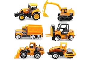 AtomDream Tech 6 Pack Diecast Construction Vehicle Toys, Mini Construction Trucks with Excavator, Dump Truck, Bulldozer & Cement Mixer, Toy Cars for Boys & Girls Ages 3, Party Favours