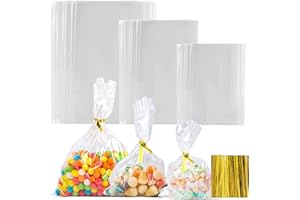 CYH 300 Bustina di Cellophane Trasparente, Sacchetto OPP Caramella Compleanno Sacchetti Regalo, Plastica Trasparente per Biscotti Dolci Sapone Cioccolatini, con Legami Torciati (4'x6' 5'x7' 6'x9'),