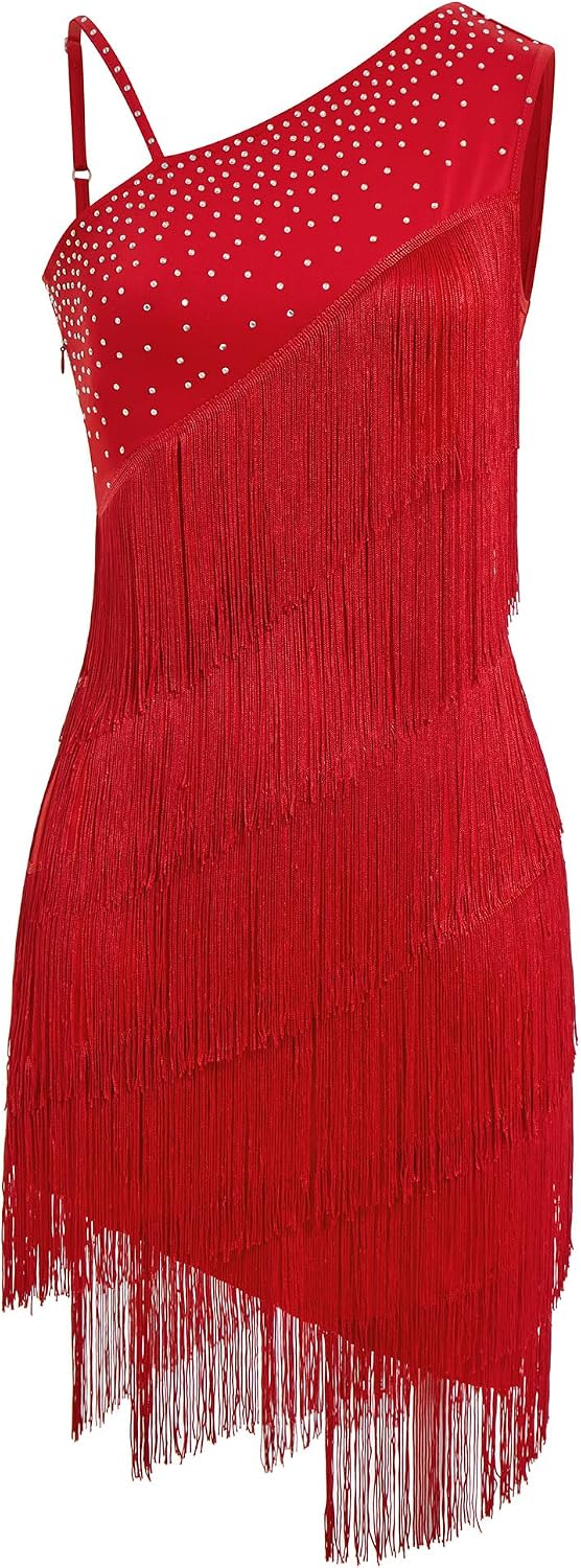 EFOGEP Vestido de baile latino asimétrico con flecos de diamantes de imitación de un hombro para mujer, vestido de baile latino de los años 20, con lentejuelas, borlas, vestido de salsa, cha-cha