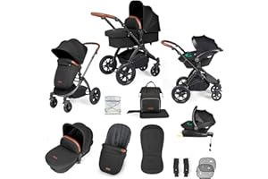 Ickle Bubba Stomp Luxe 12-Piece Travel System with i-Size Stratus Car Seat & ISOFIX Base – All-Terrain Pram, Pushchair, Carrycot, Footwarmer & Rain Cover, Birth to 4 Years* (Black/Charcoal Grey/Tan)