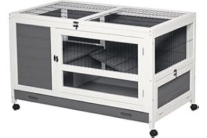 PawHut Cage à Lapin clapier sur roulettes clapier en Bois Cage à Lapin Villa pour Lapin avec Plateau Coulissant, Porte verrouillable, Dessus ouvrable 102 x 60 x 63,5 cm, Gris