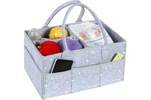 OHIYOO Baby Windel Caddy Organizer, Multifunktionaler Tragbarer Kinderzimmer Bin Aufbewahrungskorb, Stern Filz Windel Caddy mit Herausnehmbaren Fächern, Baby Caddy Qrganiser Baby Geschenkkorb (Hellgrau)