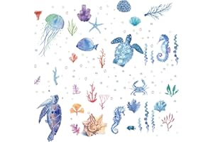 CRASPIRE Ozean-Tier-Aufkleber, Unterwasser-Meeresschildkröte, Wandaufkleber, 8 Blatt Vinyl-Aufkleber, Seepferdchen-Muschel-Aufkleber, Abnehmbare Wandaufkleber,Aquarell Für Klassenzimmer,Schlafzimmer