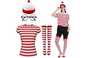 Gizelle LADIES WOMEN'S GIRLS RED & WHITE STRIPES T-SHIRT, SANTA HAT, SOCKS, & GLASSES SET - ADULTS CHRISTMAS PARTY FANCY DRESS HEN NIGHT COSTUME BOOK DAY