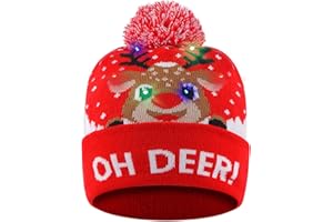 SHOKAN Light Up Christmas Hat, LED Christmas Hats with Lights, Reindeer Pattern Flashing Christmas Beanie Knitted Cap for Kids Adults Boys Girls, Glow In The Dark Flashing Christmas Party Hats…