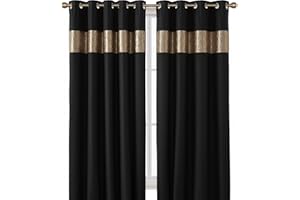 Rapport Home Capri Black Gold Eyelet Curtains Pair - 66" W x 72" D (132" Total Width) - Thermal Room Darkening Polyester Drapes for Bedroom Living Room