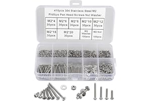 FandWay 410 Piezas Tornillos de Cabeza Redonda Con Cruz Phillips, M2x4/6/8/10/12/16/20mm, Rosca Completa, Acero Inoxidable 304 Con Tuercas y Arandelas