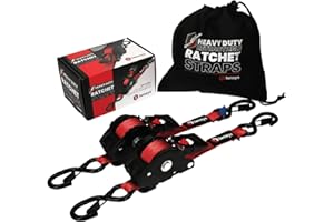TENSYS Retractable Ratchet Tie Down Straps (2PK) - 600kg Min Break Force, Includes 25mm x 3 m Autoretractable Tie Downs with Padded Handles. Securing Cargo, Trailers, Roof Racks - Red