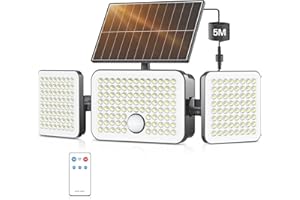 YICAIZI Solar Lights Outdoor Garden with Motion Sensor,233LED 360° Adjustable 3 Heads Solar Wall Light with 3 Modes Remote Control,IP65 Waterproof Solar Security Lights for Yard Garage Garden,1Pack
