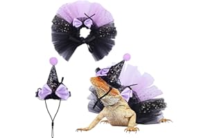 Fnaobai 2pcs Bearded Dragon Witch Costume Set Small Pet Adjustable Hat Bow Tutu Skirt Outfits for Lizards Guinea Pigs Bunny Ferrets for Celebrations Halloween Parties (Glitter Purple)