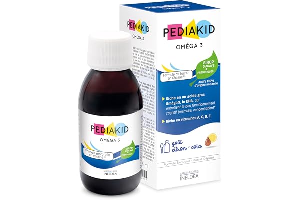 PEDIAKID - Sirop Oméga 3 - Complément Alimentaire Naturel - Formule Exclusive au Sirop d'Agave - Riche en DHA - Favorise le Bon Fonctionnement du Cerveau - Goût Citron-Cola - Flacon de 125 ml