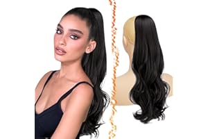 BARSDAR Noir Marron Ondulés Queue de Cheval Extension avec Cordon, 50cm Peigne Clip in Queue de Cheval Extension Cheveux pour Femmes Synthétique Aspect Naturel Bouclés Épais Postiche Ponytail
