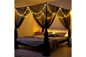 Anmas Box Mosquito Net Bed Canopy for Double Bed - Black Four Corner Post Curtains, Elegant Drape With Hook & Rope, Screen Netting for Full