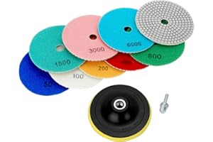 QWORK® 9 piezas almohadilla de pulido de diamante húmedo 125 mm con soporte de goma M14 - grano 50-10000 - para baldosas, piedra, concreto, mármol, granito
