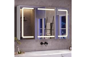 ‎MOJIASION mojiasion Spiegelschrank Bad 100 cm breit mit LED-Beleuchtung, Steckdose & 3 Farbtemperaturen | Dimmbarer Badezimmerschrank mit Touch-Sensor 60×100×16 cm (H×B×T) | Spiegel +3 verstellbaren Regalen