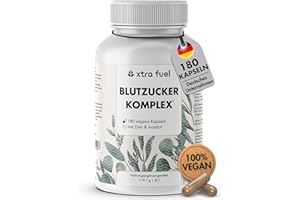 ‎XTRA FUEL Blutzucker Komplex - 180 Kapseln hochdosiert - mit Chrom, Ceylon-Zimt, Myo-Inositol, Olivenblatt und Zink - zur Unterstützung des Blutzuckerspiegels - vegan & laborgeprüft