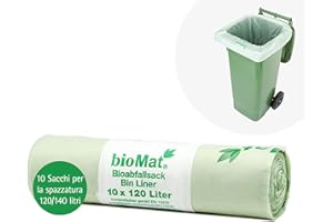 bioMat Sacchetti per la Spazzatura 120l Compostabili, 10 Sacchi per Bidone dell’Umido, Bidone per Rifiuti Residui, Qualità Premium, Neutrali dal Punto di Vista Climatico, Made in Germany